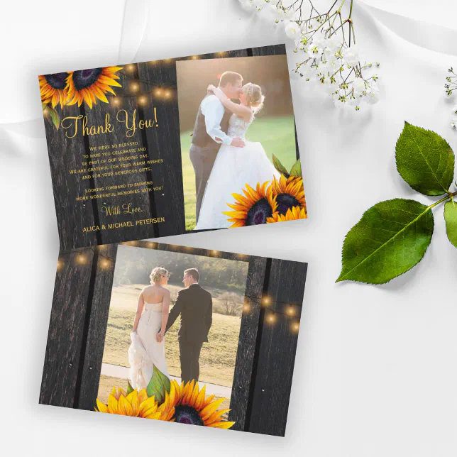 2 photos rustic sunflowers barn wood wedding thank you card | Zazzle