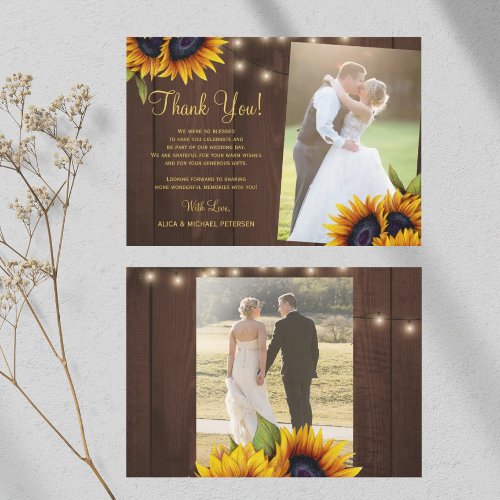 2 photos rustic sunflowers barn wood wedding thank you card