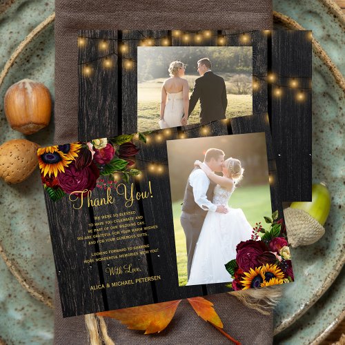 2 photos rustic sunflowers roses wood wedding thank you card