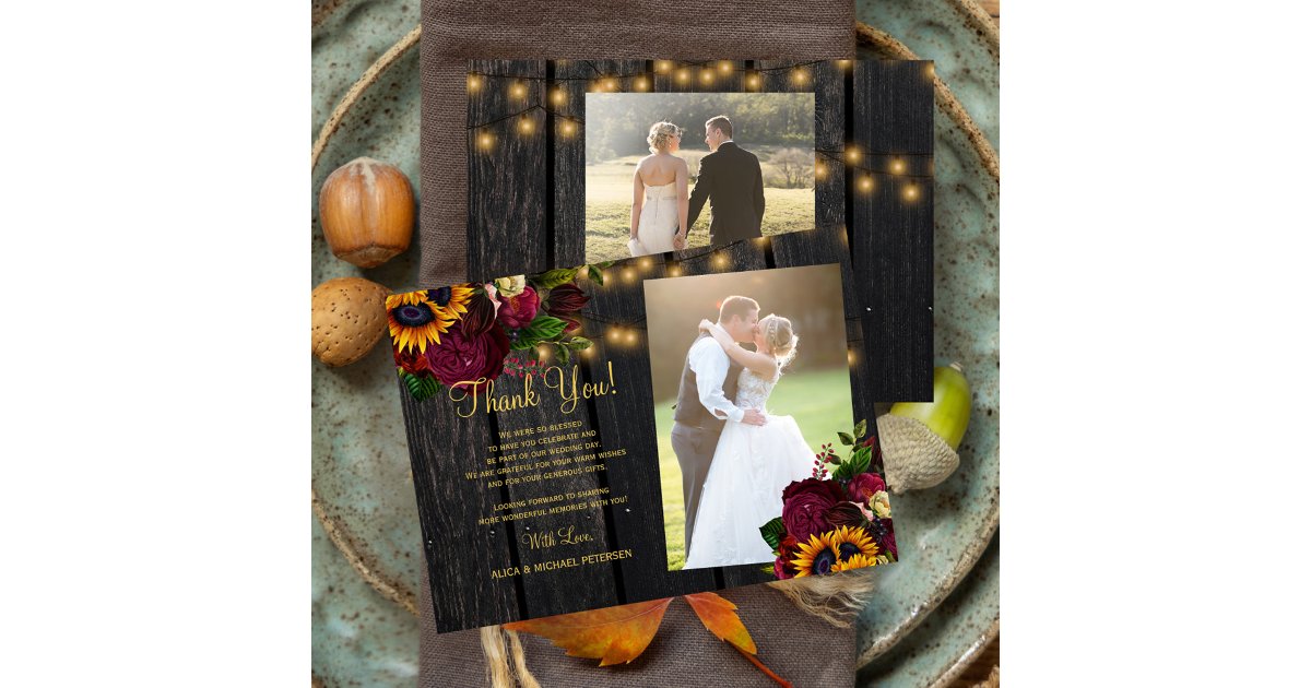2 photos rustic sunflowers roses wood wedding thank you card | Zazzle
