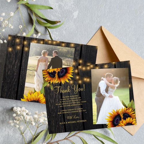 2 photos rustic sunflowers wood wedding thank you note card
