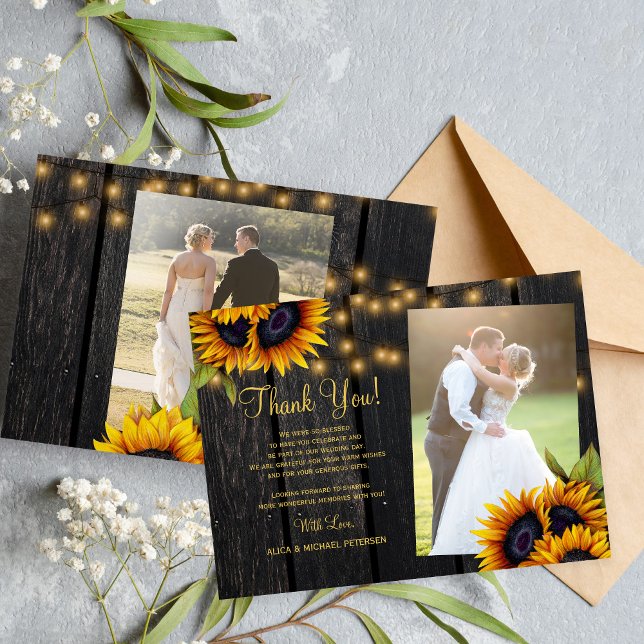 2 photos rustic sunflowers wood wedding thank you note card (This is a MINI SIZE note card. Bigger sizes available)
