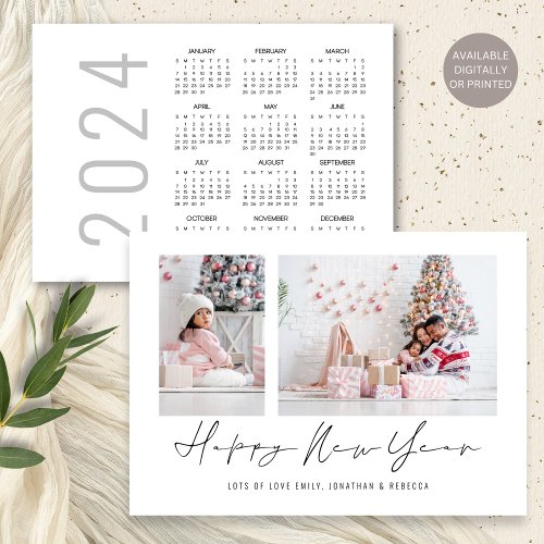 2 Photos Script Happy New Year 2024 Calendar Holiday Card