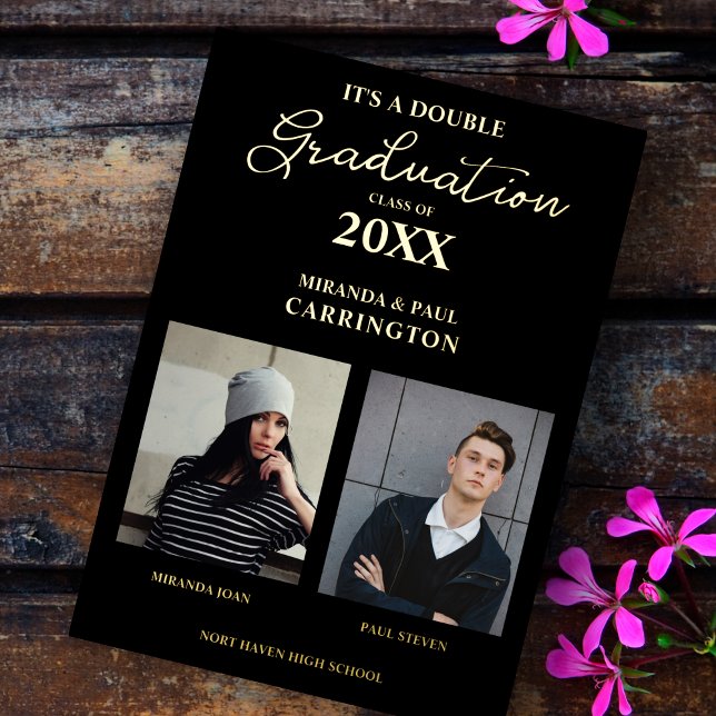 2 Photos Siblings Double Graduation in Black  Foil Invitation (Double Graduation Real Golden Black Whimsical Modern Calligraphy 2 Photos Metallic Foil Invitation.)