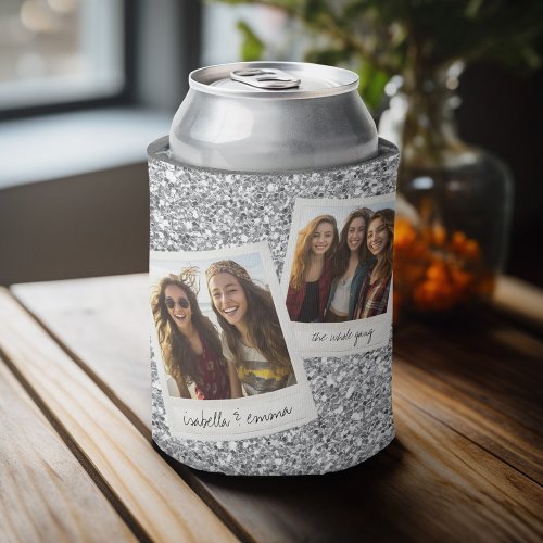 2 Photos _ Silver Glitter Square Photo Collage Can Cooler