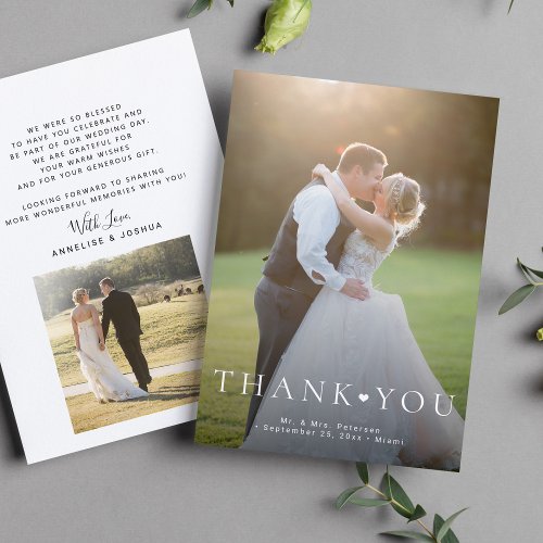 2 photos simple modern typography heart wedding thank you card