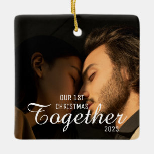 2 Photos Typography First Christmas Together Ceramic Ornament