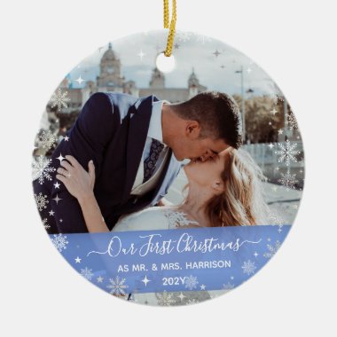 2 Photos (Vert H) 1st Christmas Mr Mrs Snowflakes Ceramic Ornament