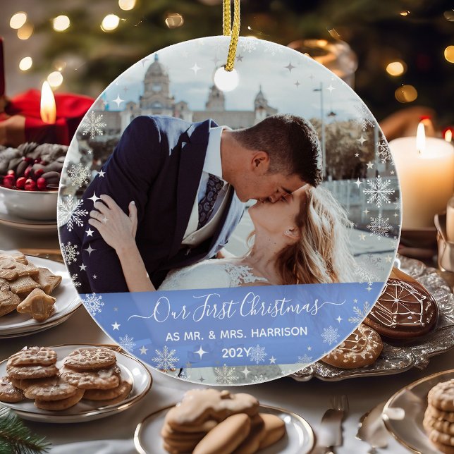 2 Photos (Vert+H) 1st Christmas Mr Mrs Snowflakes Ceramic Ornament (Our First Christmas as Mr. & Mrs. Elegant Modern Calligraphy Personalized Names 2 Photos Snowflakes)