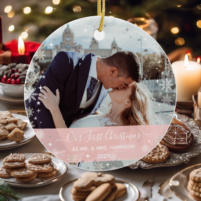 2 Photos (Vert+H) 1st Christmas Mr Mrs Snowflakes Ceramic Ornament (Our First Christmas as Mr. & Mrs. Elegant Modern Calligraphy Personalized Names 2 Photos Snowflakes)