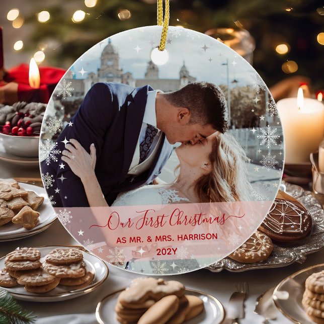 2 Photos (Vert+H) 1st Christmas Mr Mrs Snowflakes Ceramic Ornament (Modern Elegant Our First Christmas as Mr. & Mrs. Newlyweds 2 Photos Pink Band Calligraphy Name Heart)