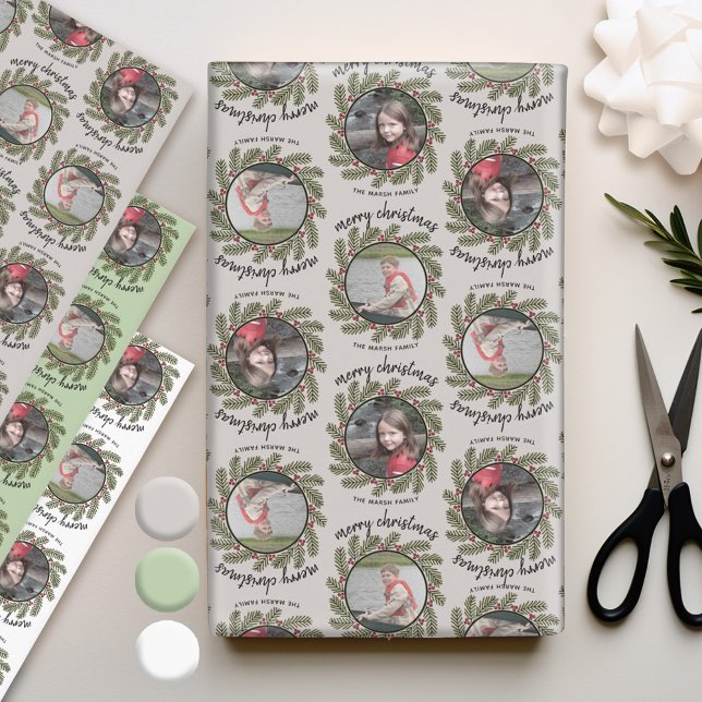 2 Photos with Whimsical Branches Merry Christmas Wrapping Paper Sheets (Personalized Photo Wrapping Paper)