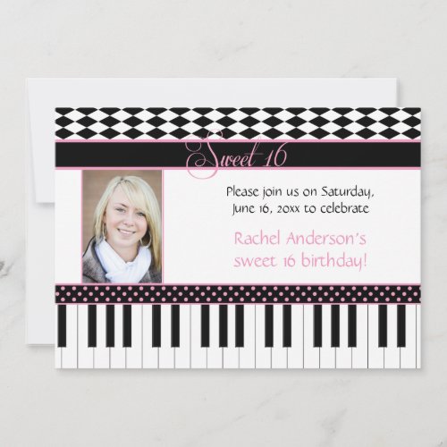 2 Pink Black Piano Theme Sweet 16 Birthday Invitation