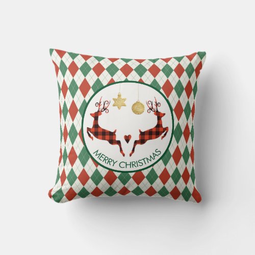 2 Plaid Deer Jumping on an Argyle Pattern Rustic Throw Pillow