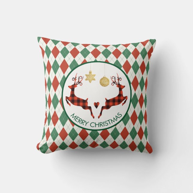 2 Plaid Deer Jumping on an Argyle Pattern Rustic Throw Pillow (Front)