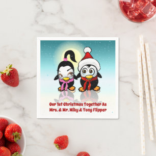 2 Polar Love Birds Celebrating Christmas Napkins