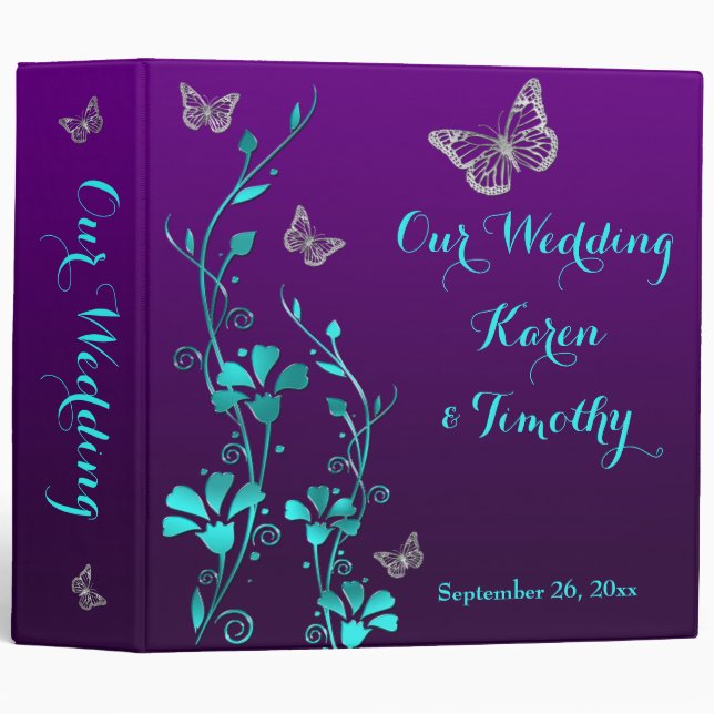 2" Purple, Teal Floral, Butterfly Wedding Binder (Front/Spine)