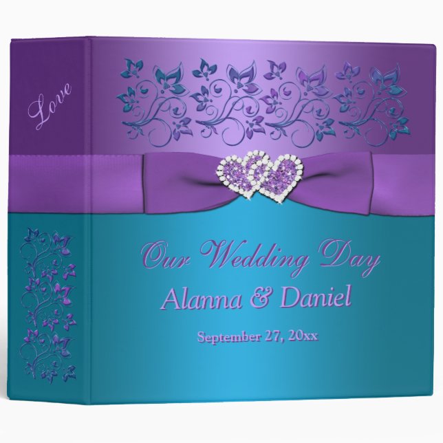 2" Purple, Teal Floral, Hearts Wedding BINDER (Front/Spine)