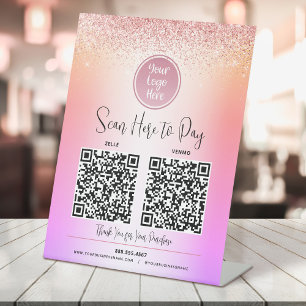 2 QR Code Logo Pink Glitter Rainbow Ombre Pay Here Pedestal Sign