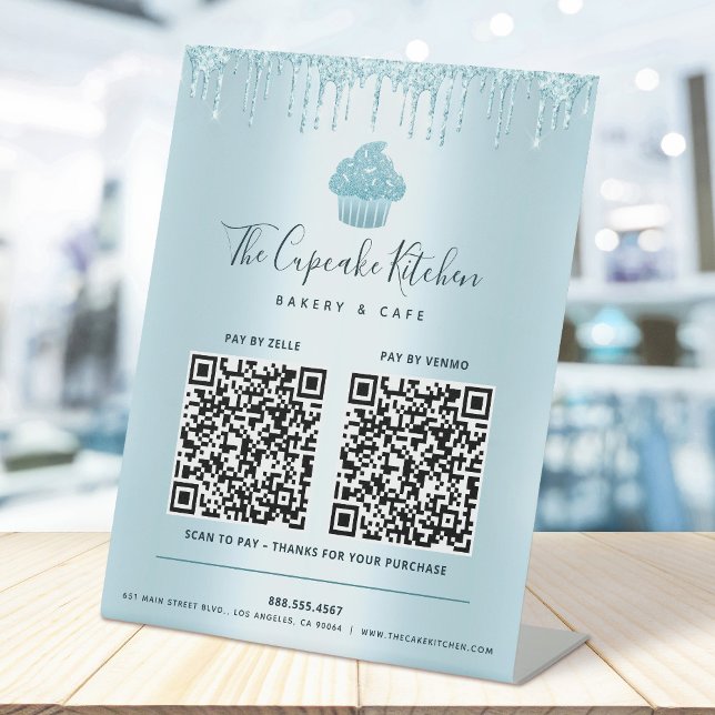 2 QR Code Pay Here Blue Cupcake Glitter Bakery Pedestal Sign (Creator Uploaded)