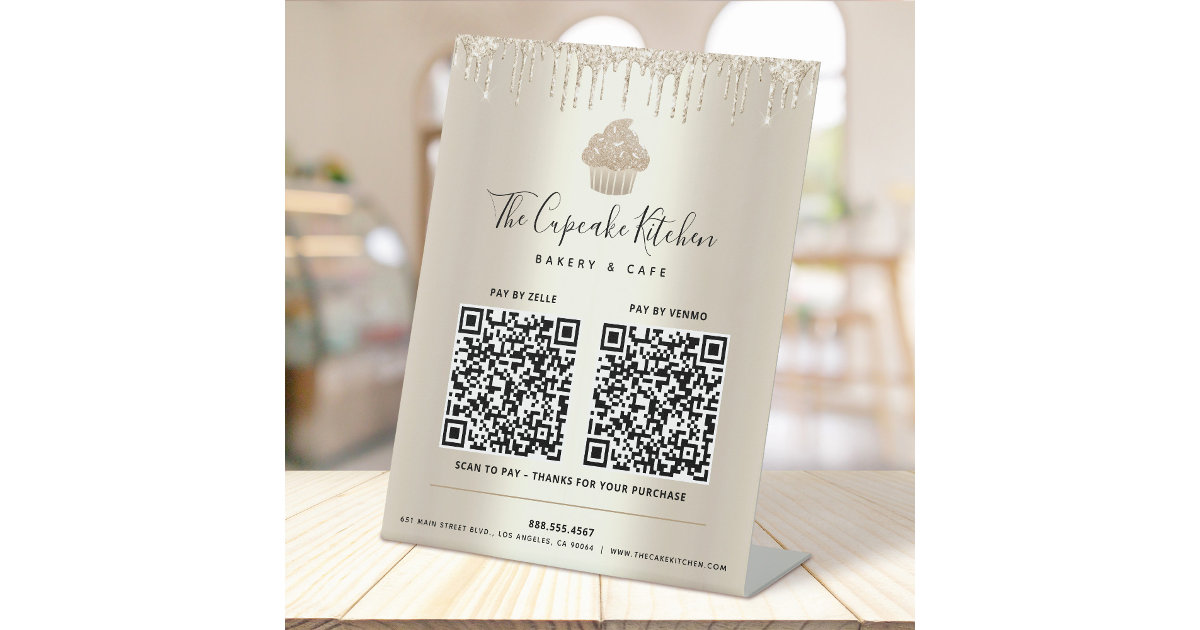 2 QR Code Pay Here Gold Cupcake Glitter Bakery Pedestal Sign | Zazzle