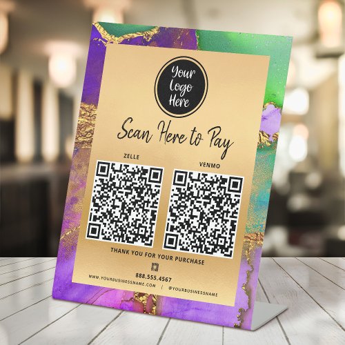 2 QR Code Pay Here Logo Gold Purple Green Marble Pedestal Sign