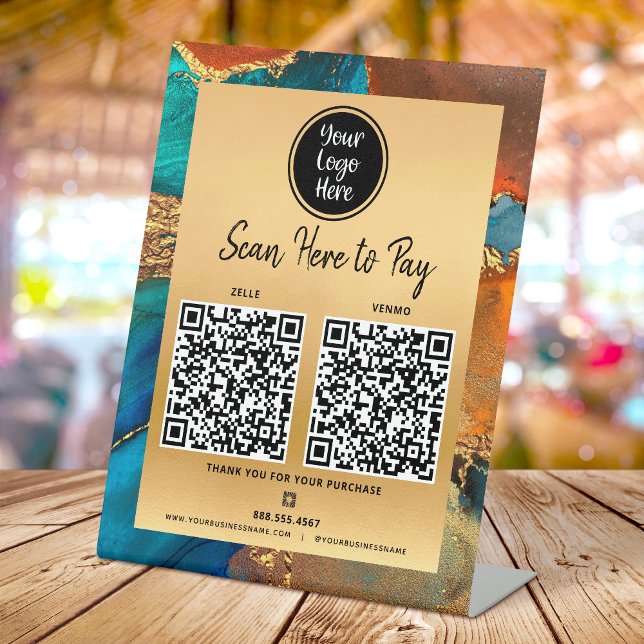 2 QR Code Pay Here Logo Gold Turquoise Blue Agate Pedestal Sign (Creator Uploaded)