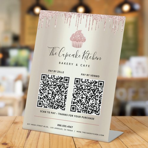 2 QR Code Pay Here Pink Cupcake Glitter Gold Drips Pedestal Sign