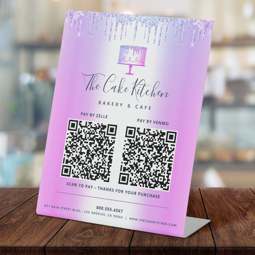 2 QR Code Pay Here Purple Cake Bakery Glitter Drip Pedestal Sign