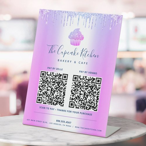 2 QR Code Pay Here Purple Cupcake Glitter Bakery Pedestal Sign