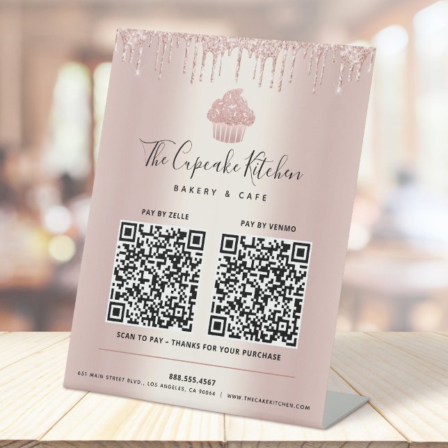 2 QR Code Pay Here Rose Gold Cupcake Glitter Drips Pedestal Sign (Creator Uploaded)