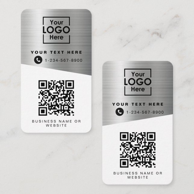 2 QR Codes 2 Business Logos & 2 Contacts Silver Card (Front/Back)