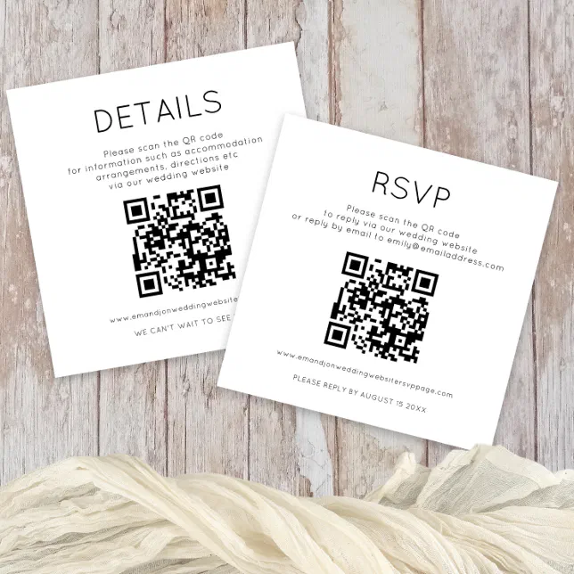 2 QR Codes Black White Wedding Details RSVP Enclosure Card | Zazzle