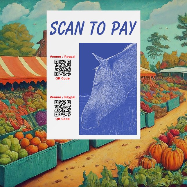 2 QR Codes Business Scan to Pay Blue Horse White Foam Board (Front with Background)