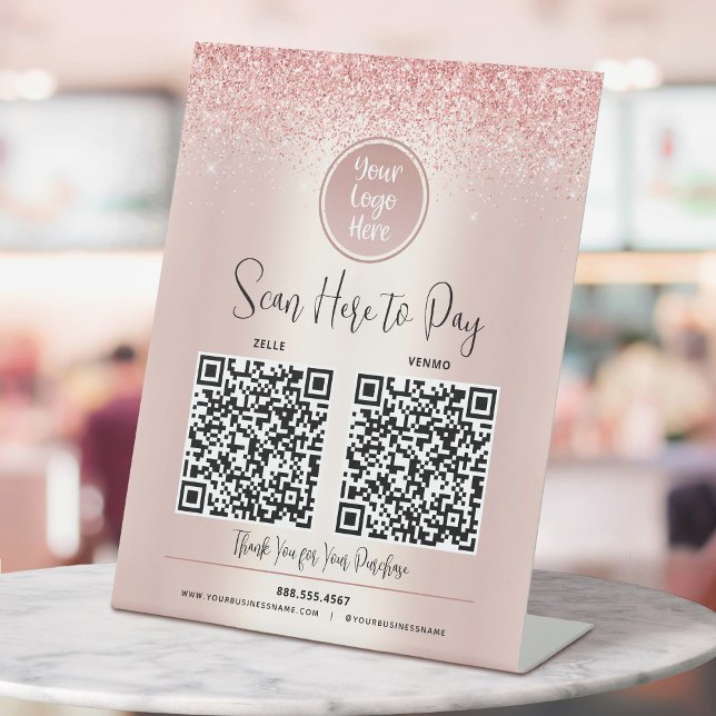 2 QR Codes Custom Logo Pay Here Rose Gold Glitter Pedestal Sign (Creator Uploaded)
