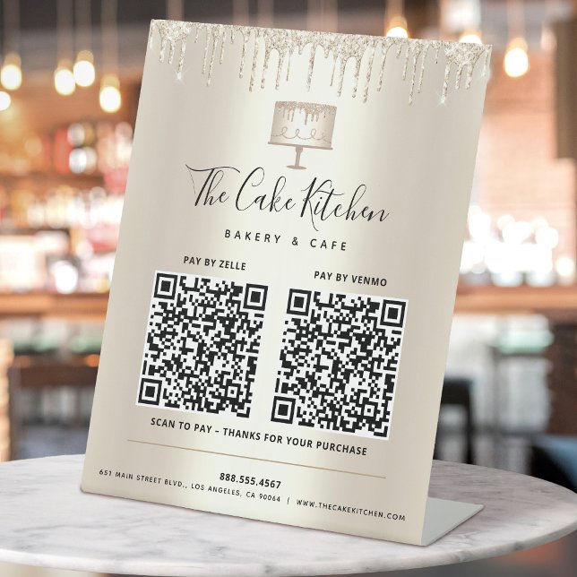 2 QR Codes Pay Here Gold Cake Bakery Glitter Drips Pedestal Sign (Creator Uploaded)