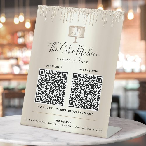 2 QR Codes Pay Here Gold Cake Bakery Glitter Drips Pedestal Sign