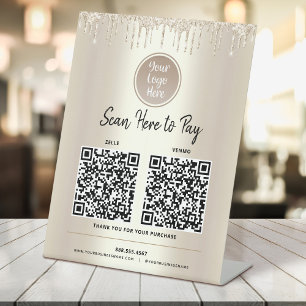 2 QR Codes Pay Here Gold Glitter Drips Custom Logo Pedestal Sign