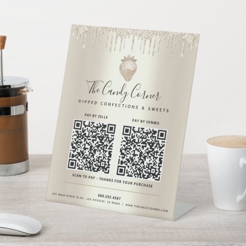 2 QR Codes Pay Here Gold Glitter Drips Strawberry  Pedestal Sign