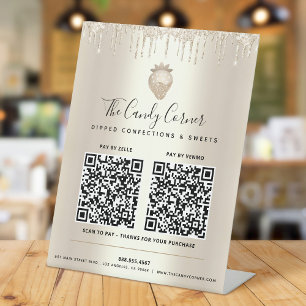 2 QR Codes Pay Here Gold Glitter Drips Strawberry Pedestal Sign