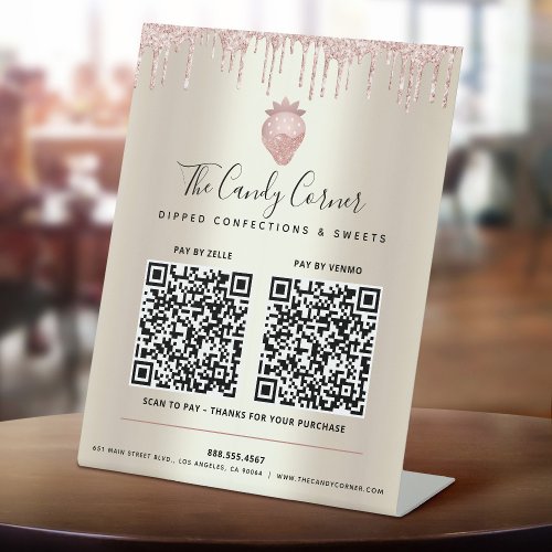 2 QR Codes Pay Here Pink Glitter Drips Sweets Gold Pedestal Sign