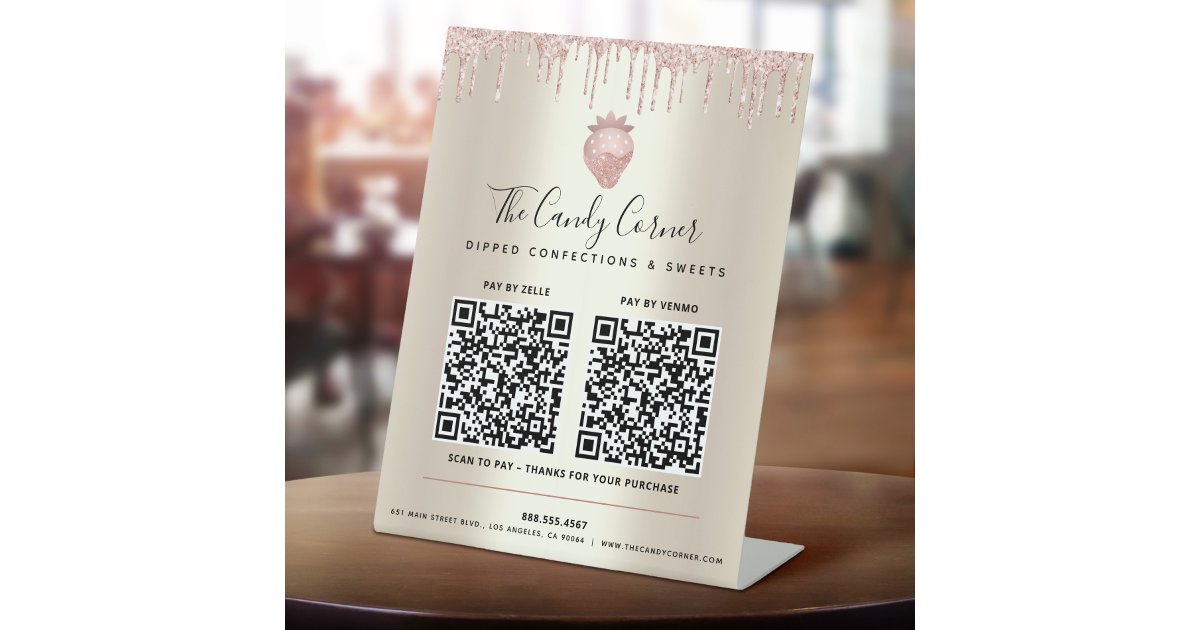 2 Qr Codes Pay Here Pink Glitter Drips Sweets Gold Pedestal Sign Zazzle