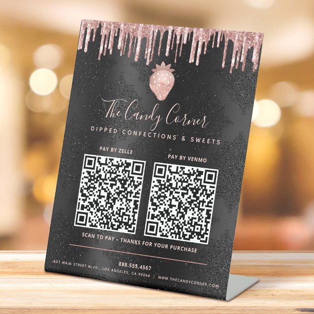 2 QR Codes Pay Here Pink Strawberry Glitter Black Pedestal Sign (Creator Uploaded)