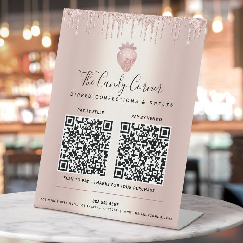 2 QR Codes Pay Here Rose Gold Glitter Drips Sweets Pedestal Sign