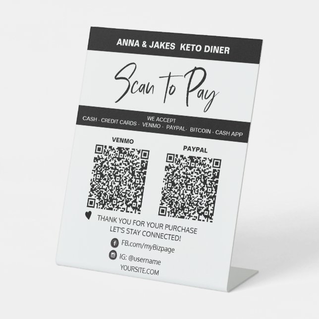 *~* 2 QR PAYMENT -  Tabletop SIMPLE  Table Tent Pedestal Sign (Front)