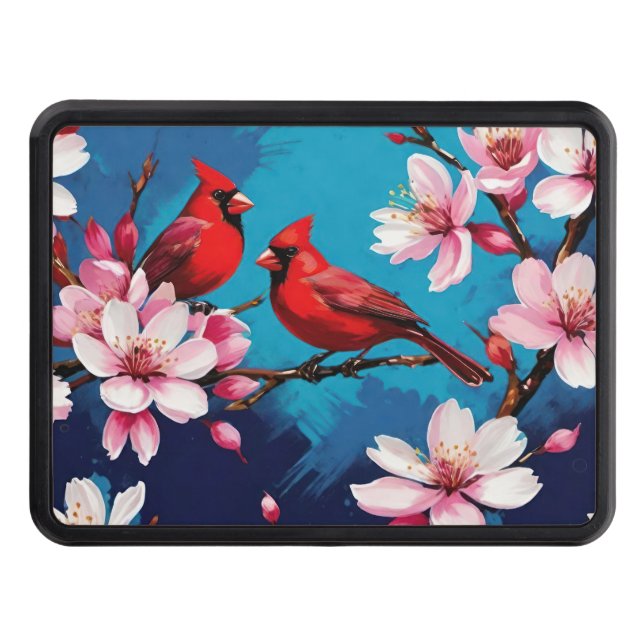 2 Red Cardinals on Cherry Blossom Branches Hitch Cover (Front)