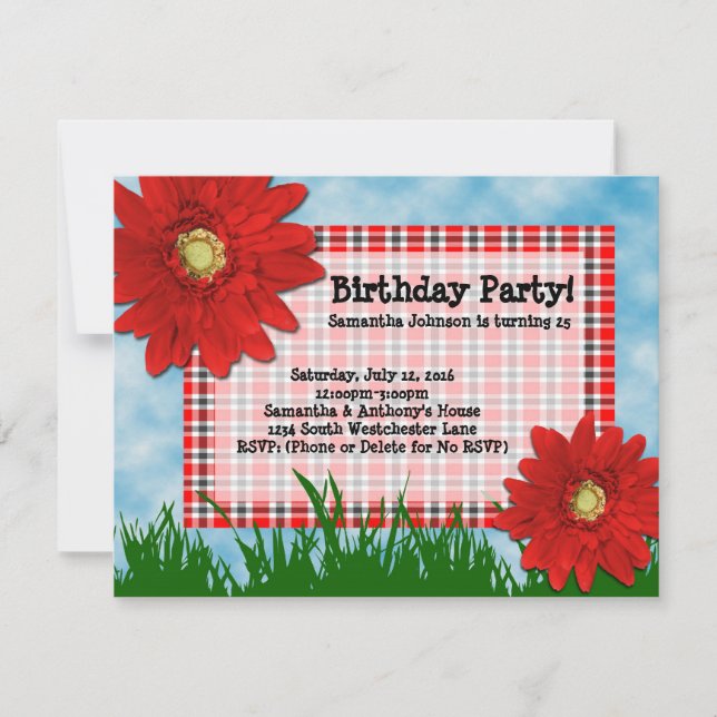 2 Red Gerbera Daisies Birthday Party Invitations (Front)