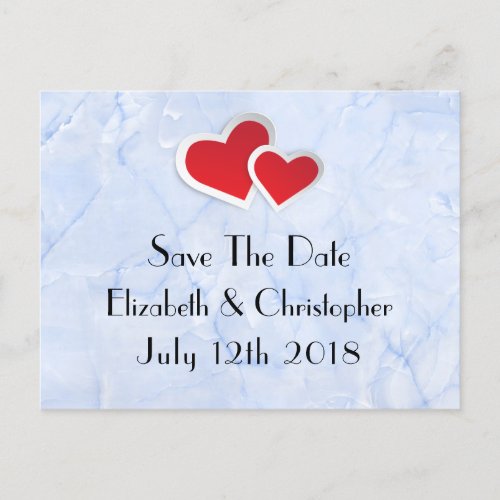 2 Red Hearts on Icy Blue Marble  Save The Date Announcement Postcard