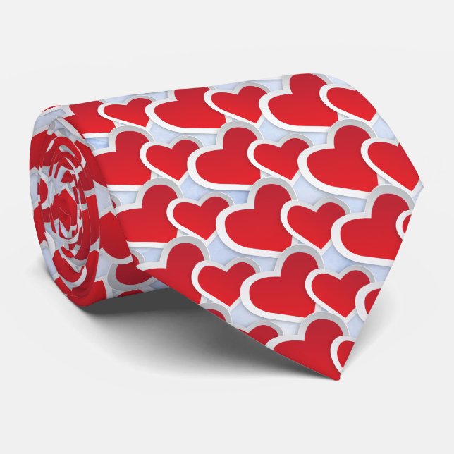 2 Red Hearts on Icy Blue Marble Texture Neck Tie (Rolled)