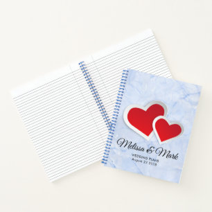 2 Red Hearts on Icy Blue Marble Wedding Plans Notebook